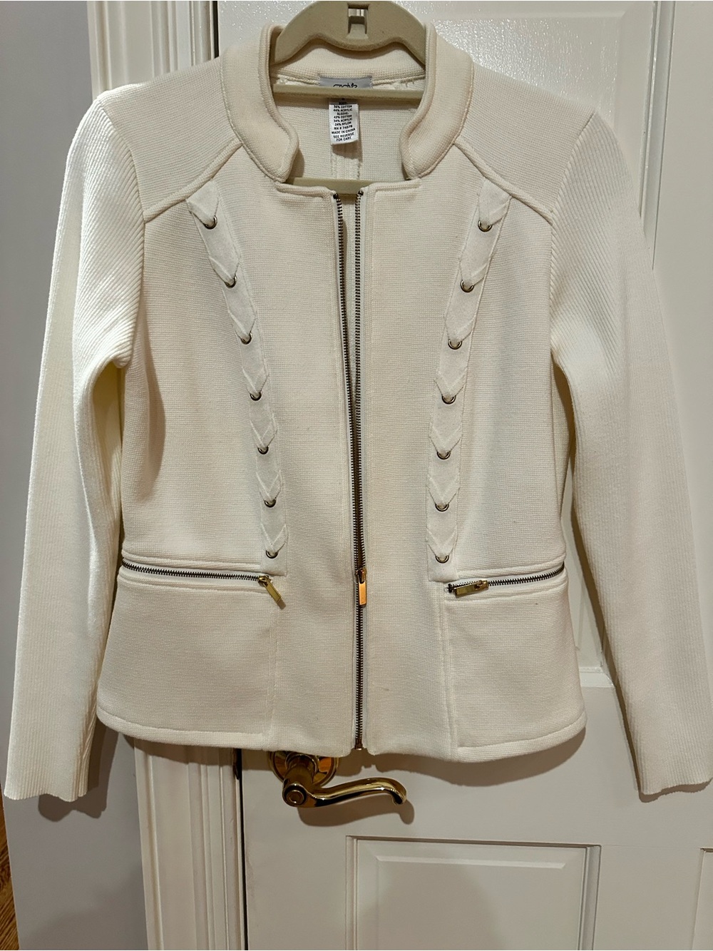 Cache Cream Zip-Front Braided Trim Jacket